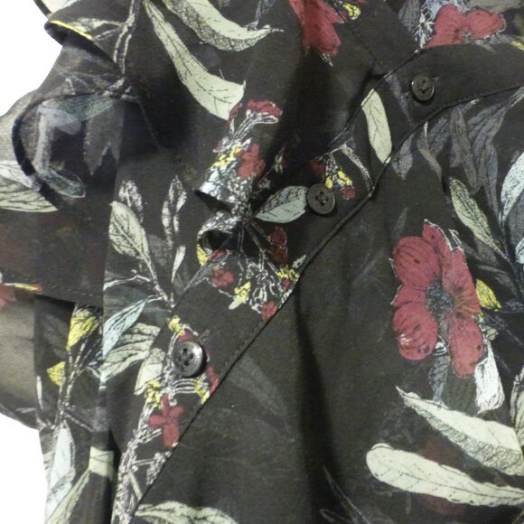 GUESS black floral print semi-sheer chiffon partial cold shoulder top - Picture 6 of 11